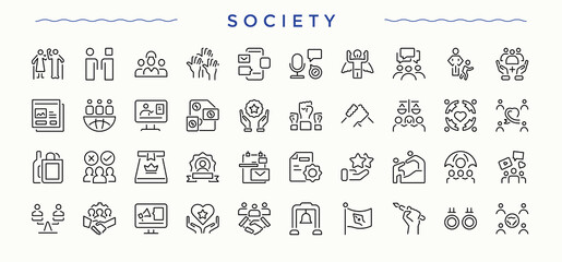 Society icon pack. Social icon set. Isolated icons. Contains outline symbols like social, corporate, friends, man, support and more. Vector collections.