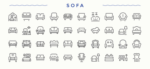 Sofa icon set. Pack of room, chair, furniture, armchair and more. Interior icon set. Minimal icons set. Vector illustration. Pixel perfect.