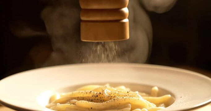 Grinding pepper over pasta, medium close-up, a hand turns a large wooden pepper mill over a steaming bowl of cacio e pepe (or plain pasta). Fine black peppercorns fall gently onto a white dish.