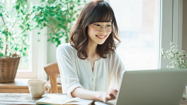 パソコンで作業する若い女性。在宅ワーク。（AI_011-A）