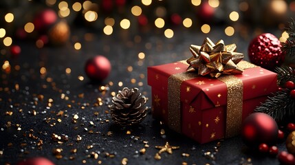 Christmas gift box with decorative elements and sparkling lights on a dark surface