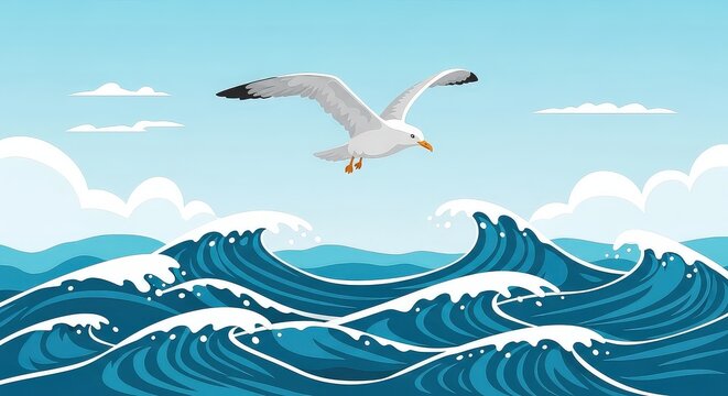 A seagull soars gracefully above the cresting waves of a vibrant blue ocean under a clear sky.