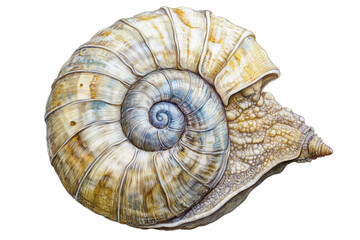 Detailed snail shell spiral texture isolated on transparent background. River snail isolated on white background.