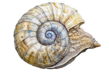 Detailed snail shell spiral texture isolated on transparent background. River snail isolated on white background.