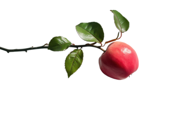 Single red apple with green leaf and water droplets isolated on transparent background. Red apple on white background.