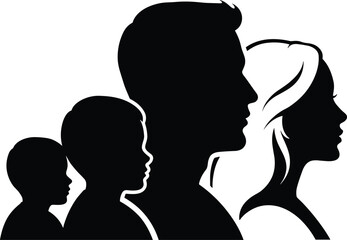 Family silhouette illustration, children with parents, black profile figures, generational concept, mother father son daughter, unity design, white background art