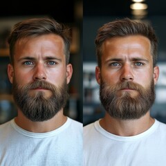 Portrait of a man with facial hair, showing grooming and beard care at a barbershop. A before-and-after transformation in facial hair treatment and skincare, Generative AI