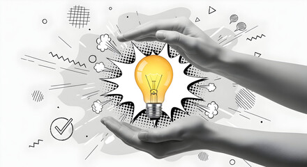 Inspiring glowing light bulb idea concept protected by hands, symbolizing innovation and creativity, presented with dynamic comic book style graphics for modern business themes.