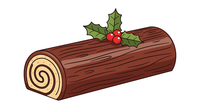 Delicious chocolate yule log cake decorated with holly for christmas festive season vector