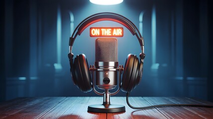 Retro radio microphone with headphones and glowing "On the Air" sign, podcast studio setup, modern broadcasting, radio show, or audio production background