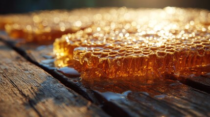 Close-Up of Golden Honeycomb Glowing Under Sunlight with Natural Wood Background Creating a Warm and Inviting Atmosphere for Food Photography