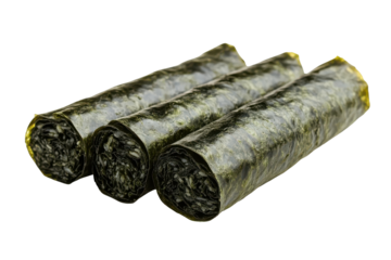 Bundle of dried seaweed sheets tied with string isolated on transparent background. Seaweed wrapped rice crackers isolated on white background.