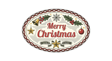 Decorative merry christmas oval plaque with holly berries baubles and bells festive holiday design vector