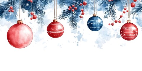 Colorful Christmas ornaments hanging among pine branches with a soft blue and white watercolor background during the holiday season
