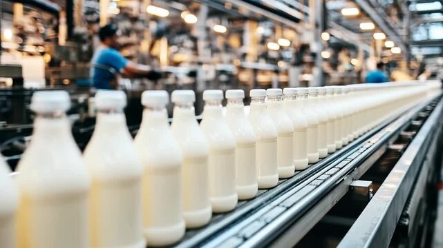 This content highlights the milk bottling process at a modern factory
