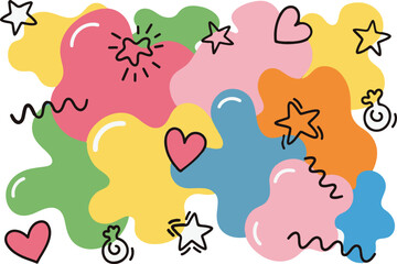 Abstract organic blob shapes with funky stars and hearts in cute playful doodle style