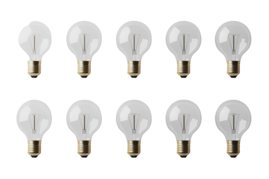 Clear glass light bulbs isolated on transparent background. Set of LED light bulb isolated on white background, 3d rendering.