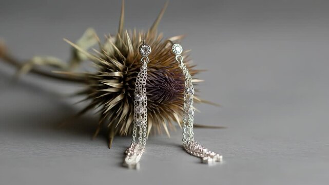 Dainty silver drop earrings with faceted gems dangle from a dried thistle