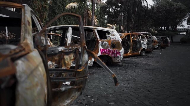 Row of Severely Burnt Vehicles with Open Doors in Disaster Aftermath