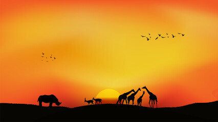 African sunset silhouette with wildlife. Rhinoceros, giraffes, and antelopes stand on the horizon against a vibrant orange and yellow sky with flying birds
