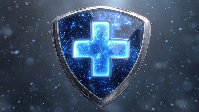 Glowing Blue Cross Shield Design Symbolizing Protection, Health, and Security Modern Assurance Symbol for Trust and Reliability in Insurance and Business Services