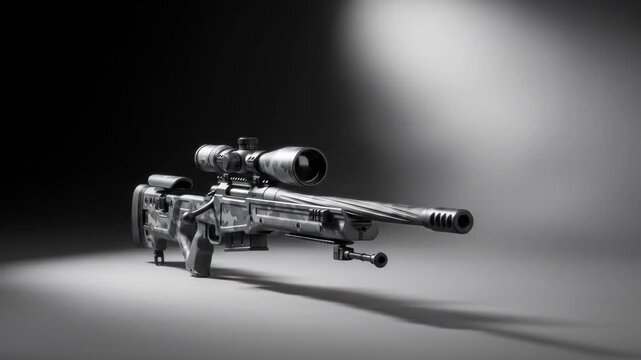 Gray camo sniper rifle with scope, bipod, muzzle brake, lying on gray surface
