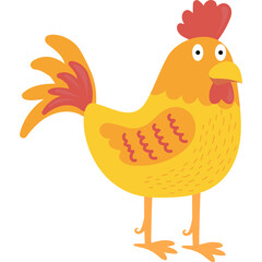 Cartoon Yellow Rooster With Red Comb And Feathers Standing On White Background Simple Drawing Style