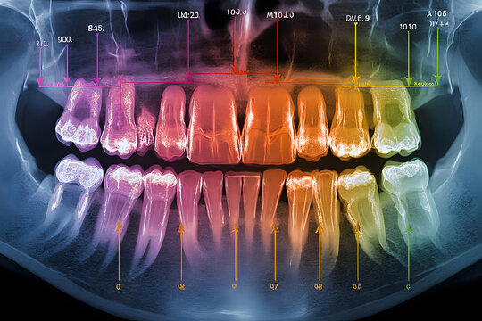 Digital x-ray of a patient's teeth showing cavities and areas for treatment, with a diagnostic interface overlaying the image.