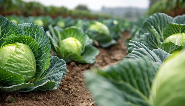 Fresh cabbages growing in an agricultural field
