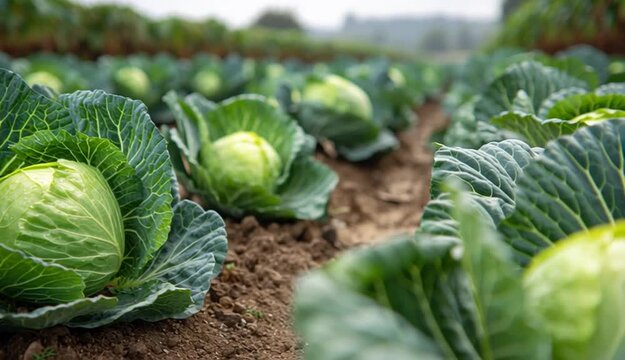 Fresh cabbages growing in an agricultural field
