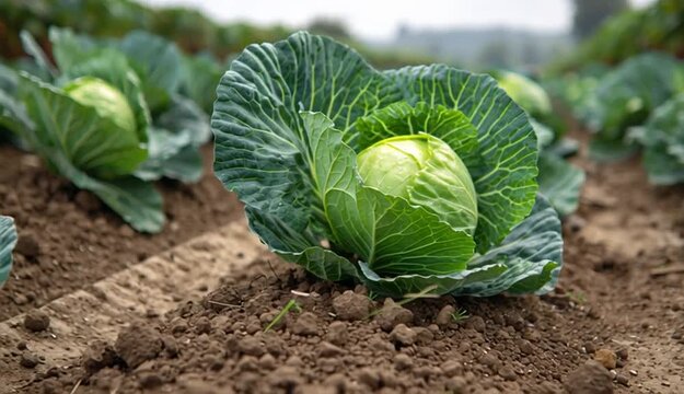Fresh cabbages growing in an agricultural field
