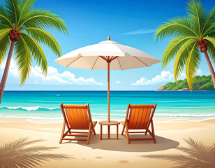 Peaceful seaside getaway illustration showing matching beach chairs under a white umbrella