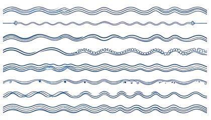 Blue wavy lines in various decorative styles, isolated on a white background, forming a border-like design