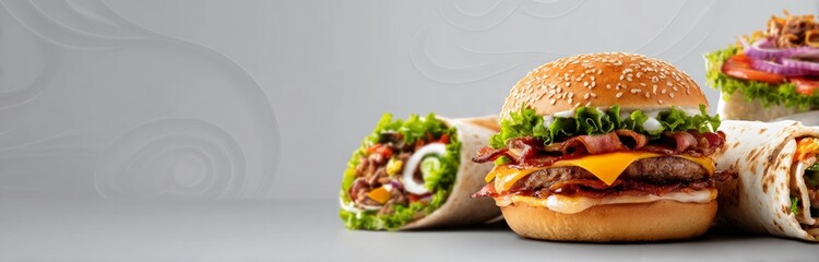 A delicious burger with lettuce, cheese, and bacon alongside a wrap filled with grilled chicken and vegetables. The background is a neutral gray.