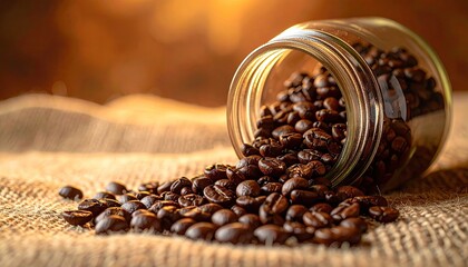 Close up of dark roasted coffee beans spilled from a clear glass jar onto a burlap cloth with a warm blurred background and soft natural lighting