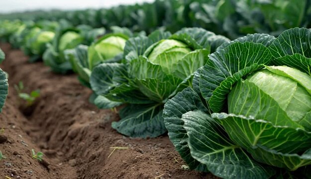Fresh cabbages growing in an agricultural field
