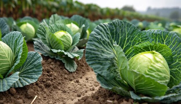 Fresh cabbages growing in an agricultural field
