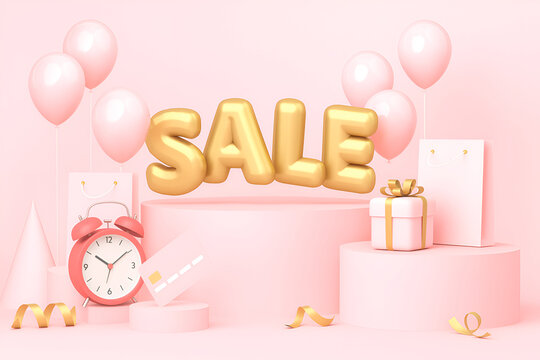 3d product display podium discount sale concept with alarm clock, credit card, gift box, balloons, shopping bags, word sale on light pink background. Suitable for sale promotion event poster, banner.
