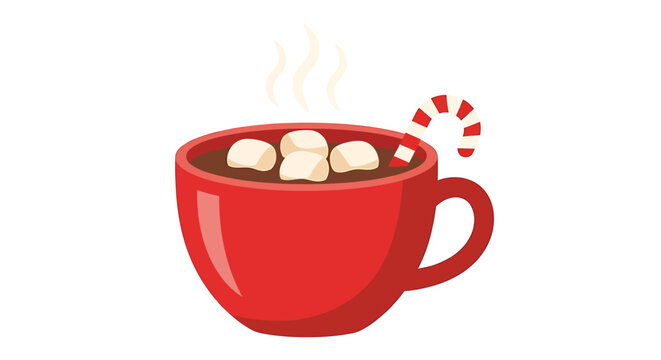 Cozy red mug of hot chocolate with marshmallows and candy cane holiday drink vector