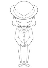 お辞儀をする女性駅員の白黒イラスト