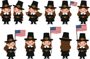 Cartoon Pilgrim characters, traditional Thanksgiving attire, American flags, historical costume, flat vector illustration, holiday celebration, colonial style people