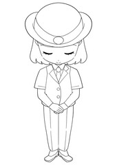 お辞儀をする女性駅員の白黒イラスト