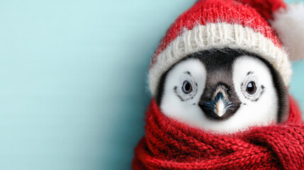 Adorable penguin wearing a festive red hat and scarf, showcasing a charming winter atmosphere with soft pastel background colors