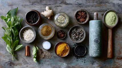 Aromatic Spices and Herbs for Cooking, Spice Collection Flatlay, Natural Ingredients for Cooking and Baking