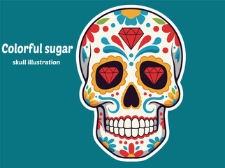 Colorful sugar skull illustration, Mexican Day of the Dead art, floral skull design, vibrant vector skull, cultural celebration icon, flat vector illustration