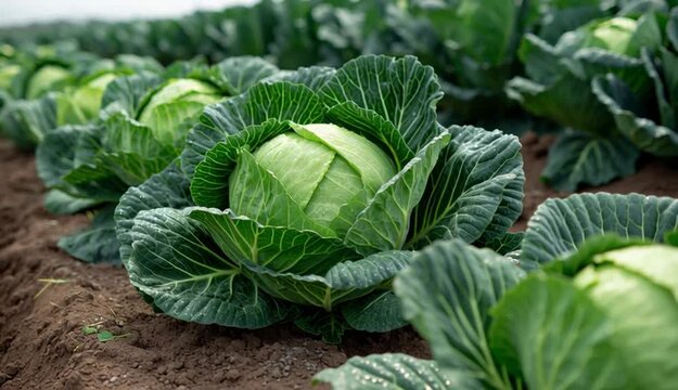 Fresh cabbages growing in an agricultural field
