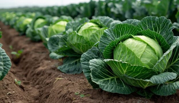 Fresh cabbages growing in an agricultural field

