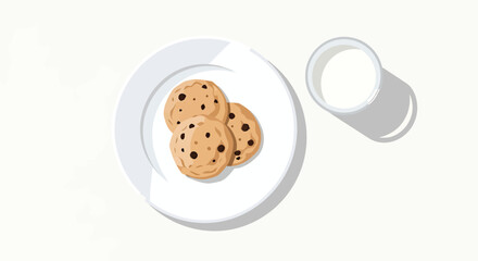 Delicious chocolate chip cookies and a glass of milk on a white plate vector