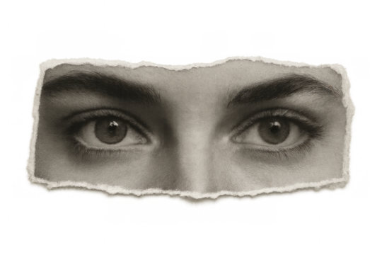 Human eyes appearing through a torn piece of paper, creating a revealing spy concept, with transparent background