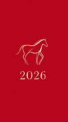 Elegant horse symbolizing the year 2026, depicted in gold against a vibrant red background, representing prosperity and good fortune